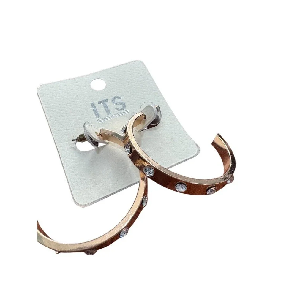 ITS Sense Earrings Rose Gold Tone Clear Rhinestone Half Hoop Open Circle